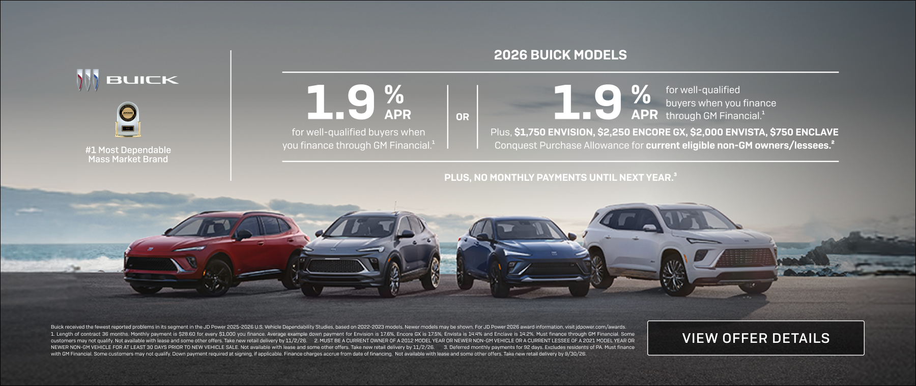 Line up of Buick vehicles in front of mountains